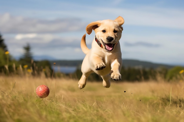 Foto leuke labrador retriever speelt buiten en kopieert ruimte