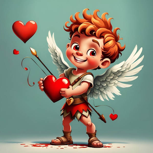 Foto leuke lachende cupido jongen met vleugels staat en houdt een hart in zijn handen