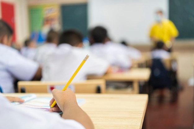 Leuke leerling die aan het bureau in de klas op de basisschool schrijft Studentenmeisje die test doet op de basisschool Kinderen die notities in de klas schrijven