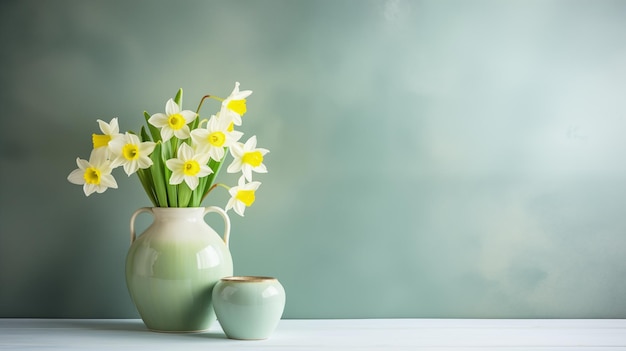 Leuke lenteachtergrond met narcissenboeket in vaas Kopieerruimte