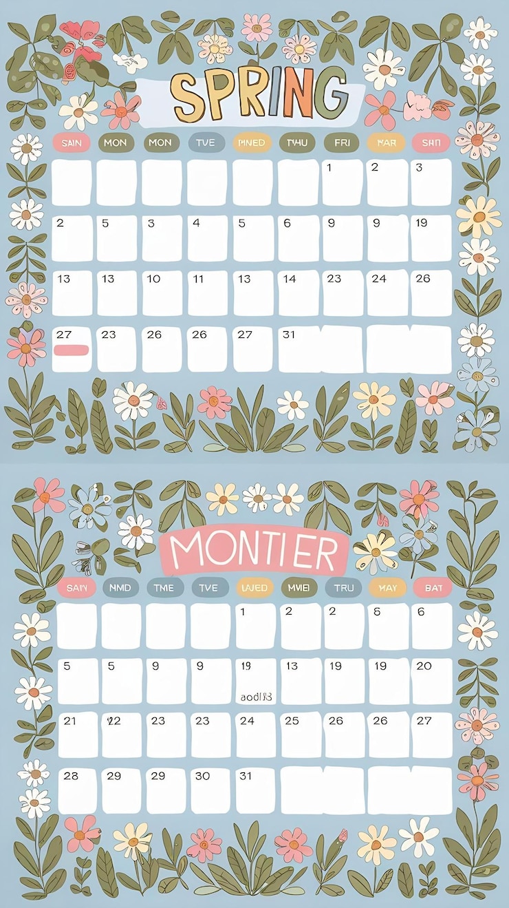 Foto leuke maandelijkse kalender sjabloon zonder cijfers lente vibe en bloemen patroon cartoon stijl