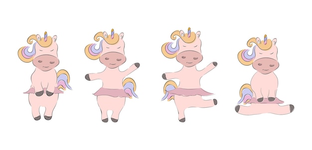 Leuke magische eenhoorns instellen Baby eenhoorn illustratie kleine sprookjesachtige dieren ballet pony paard clipart vector roze ballerina tekens in dans pose voor meisjes