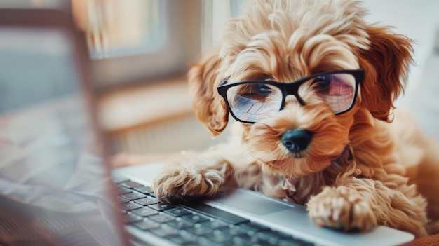 Leuke maltipoo hond werkt thuis met een laptop in een bril.