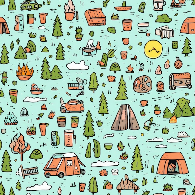 Leuke met de hand getekende naadloze patroon met camping doodles tenten landschap en paden geweldig voor textiel banners behang AI Generative