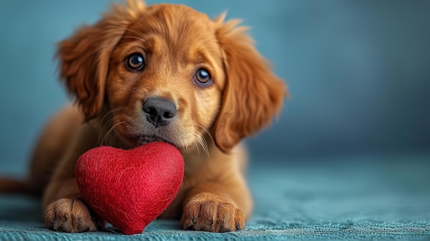 Foto leuke minnaar valentine puppy hond ligt met een rood hart geïsoleerd op blauwe achtergrond