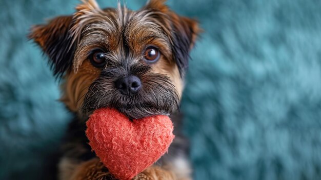 Leuke minnaar Valentine puppy hond ligt met een rood hart geïsoleerd op blauwe achtergrond