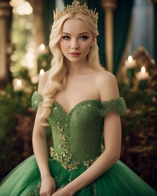 Leuke mooie prinsen vrouw glimlachend gezicht groene jurk heldere kleren natuurlijke achtergrond