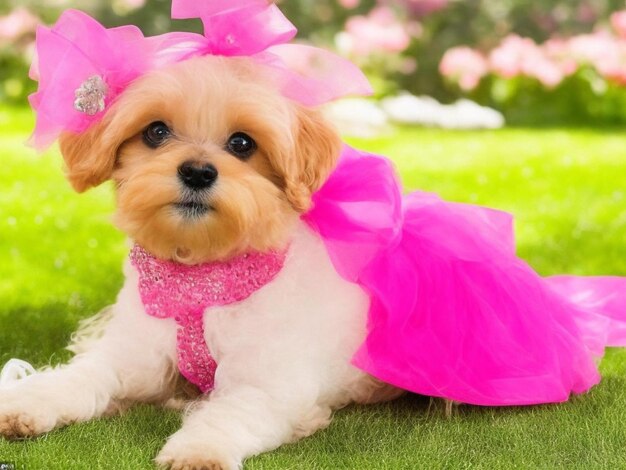 Leuke morkie puppy kijkt naar de camera in pink plant portrait