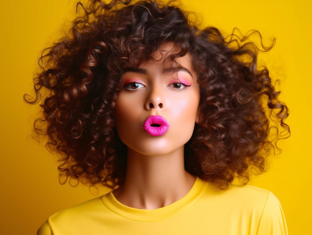 Leuke multiraciale krullende vrouw met sexy roze lippen