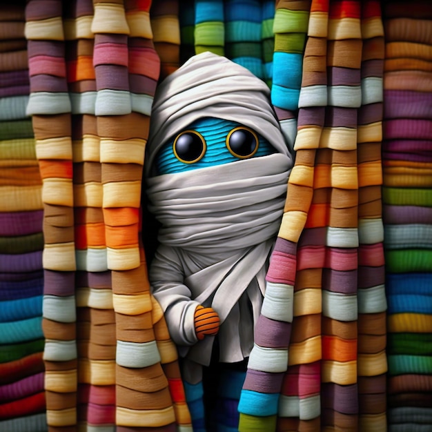 Leuke mummie gemaakt van kleurrijke gordijnen