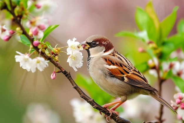 Leuke mus in de lente tuin met bloeiende boom Wereld Musdag