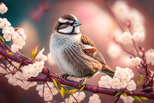 Leuke musvogel op een kersentak met veel bloemen Generatieve AI