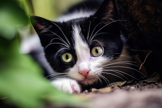 Leuke nieuwsgierige kattenfoto Zwart-witte kat met blauwe ogen kijkt nieuwsgierig naar de fotograaf