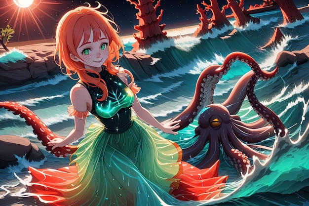 Foto leuke octopus anime manga meisje illustratie