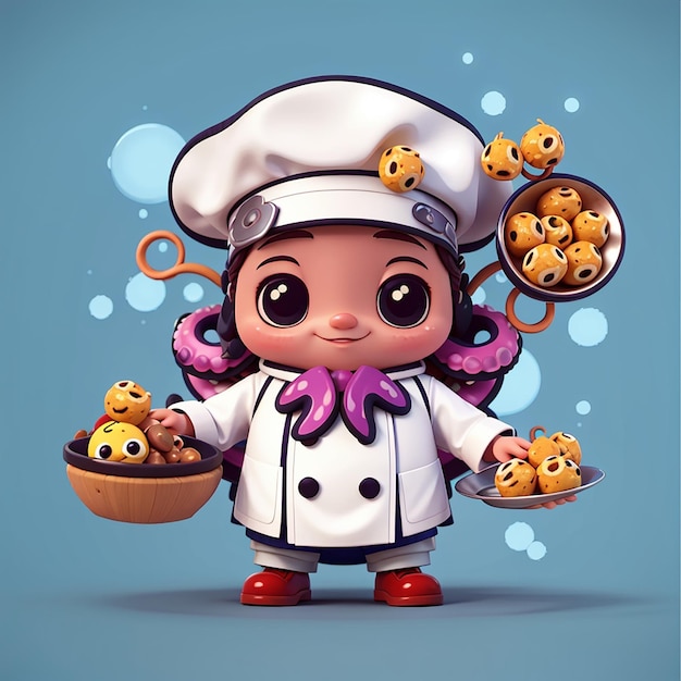 Leuke octopus chef-kok met takoyaki voedsel cartoon vector icoon illustratie diervoedsel icoon geïsoleerd