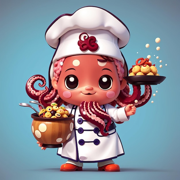 Leuke octopus chef-kok met takoyaki voedsel cartoon vector icoon illustratie diervoedsel icoon geïsoleerd