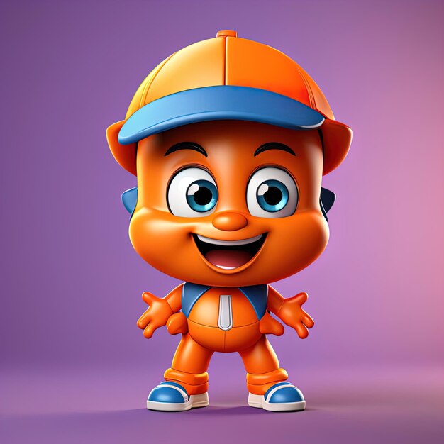 Leuke oranje jongen met een oranje pet. 3D-illustratie.