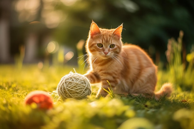 Leuke oranje kat die op een zonnige dag met een bolletje garen in het veld speelt