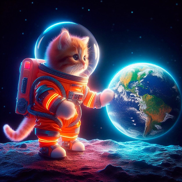 Leuke oranje kitten astronaut in ruimtepak die planeet Aarde vasthoudt