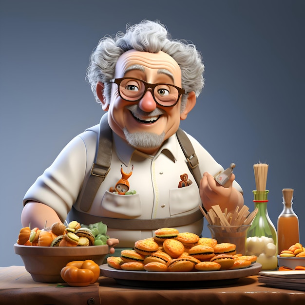 Leuke oudere man met schort die een hamburger eet 3D illustratie