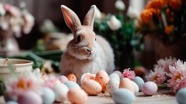 Leuke paashaas tussen beschilderde eieren en bloemen feestelijke sfeer Generatieve AI