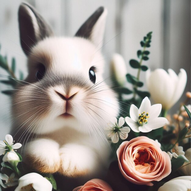 Leuke paaskonijn en voorjaarsbloemen op witte achtergrond close-up