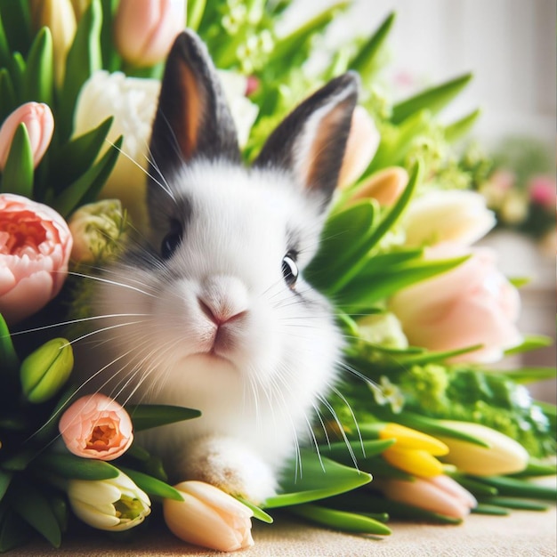 Leuke paaskonijn en voorjaarsbloemen op witte achtergrond close-up