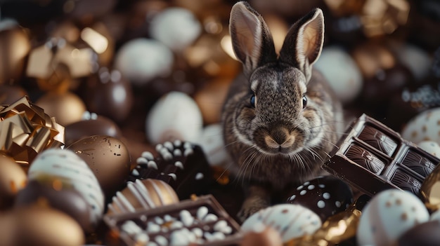 Foto leuke paaskonijn in het midden van chocolade voor het paasfeest concept