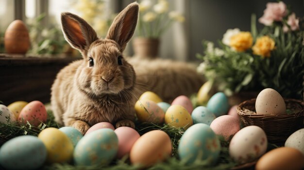 Leuke paaskonijn pluizige baby konijn die gras eet met een mand vol kleurrijke paaseieren op de achtergrond van de natuur Symbool van het paasfeest