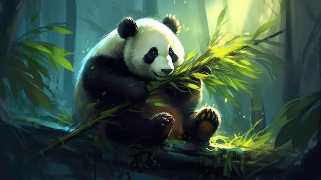 Leuke panda die groene bladeren eet in het bos gegenereerd door AI