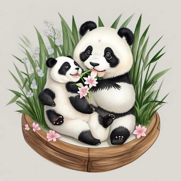 Foto leuke panda eet bamboe bladeren in waterverf schilderij