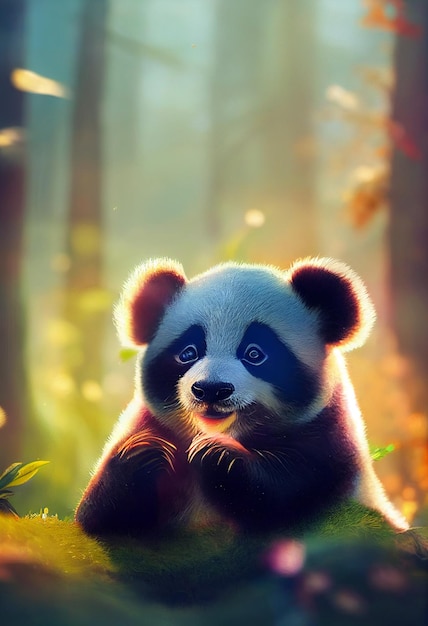 Foto leuke panda in het bos terwijl zonnige 3d illustratie