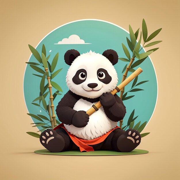 Leuke Panda Kungfu Meditatie met Bamboo Cartoon Vector Icon Illustratie Dier Natuur Icon Concept Geïsoleerd Premium Vector Flat Cartoon Stijl