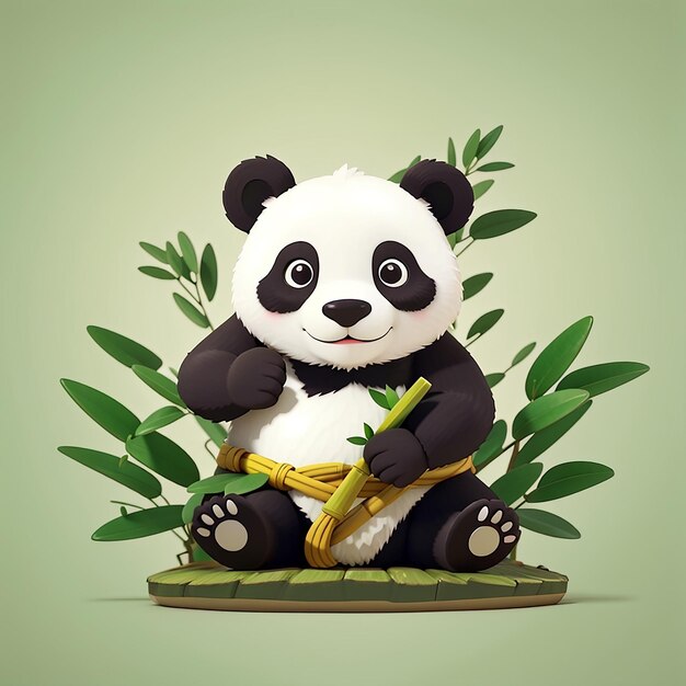 Leuke Panda Kungfu Meditatie met Bamboo Cartoon Vector Icon Illustratie Dier Natuur Icon Concept Geïsoleerd Premium Vector Flat Cartoon Stijl