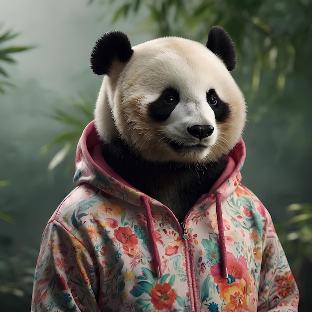 Leuke panda met een hoodie met bloemen.