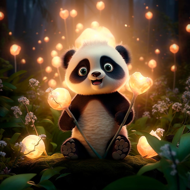 Leuke panda omringd door elementen geïnspireerd door eerlijke illustratie