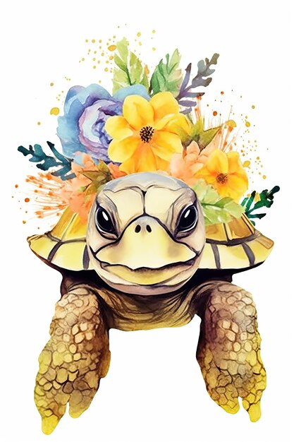 Leuke Panda Schildpad Giraffe Leeuw Zebra Pinguïn Aap Waterverf Bloemen Hoofd Witte achtergrond Img