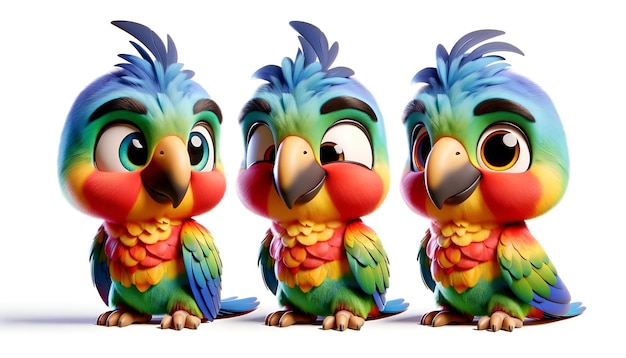 Leuke papegaaien in verschillende poses en uitdrukkingen gelukkig nieuwsgierig verbaasd en tevreden tegen een w