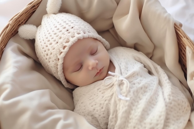 Foto leuke pasgeboren baby op een witte deken in een rieten wieg close-up