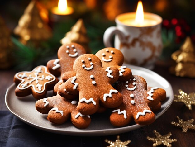 Leuke peperkoekkoekjes op een bord Kerst achtergrond