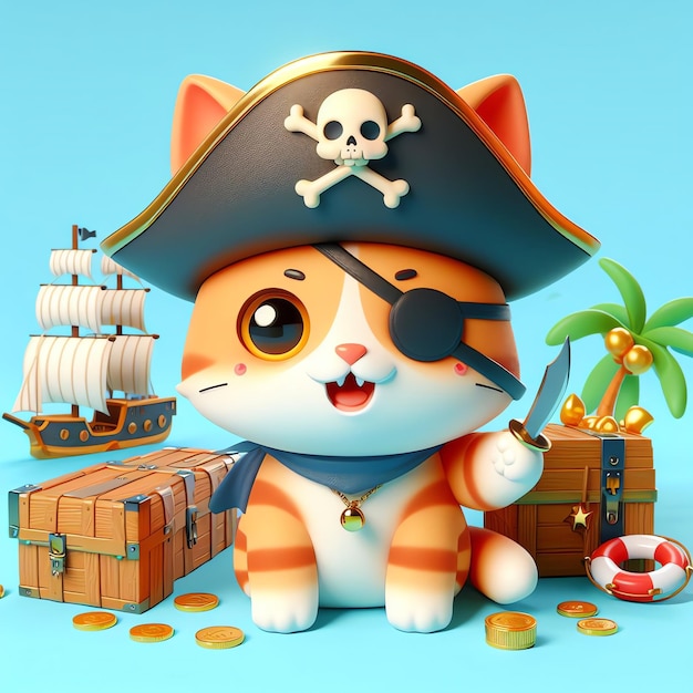 Foto leuke piratenkapitein kat met zwaard cartoon 3d icon illustratie wetenschap vakantie geïsoleerd