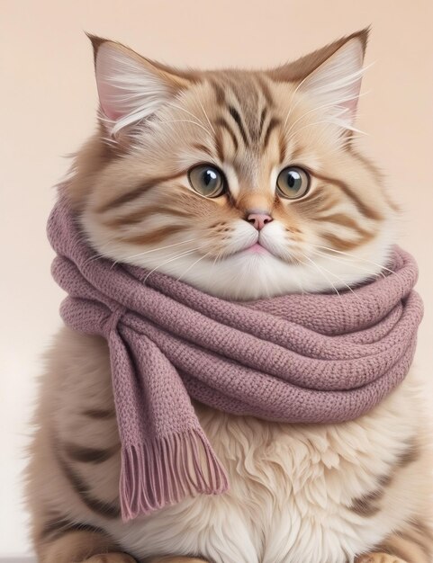 Leuke pluizige dikke kat in een roze warme sjaal Gezellige kawaii ginger kat illustratie winter warme vibe