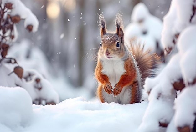 Leuke pluizige eekhoorn op een witte sneeuw in het de winterbos