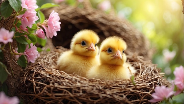 Leuke pluizige gele kuikens in een voorjaarsbloeiend nest van takjes en bloemen in de natuur Voorjaarskaart voorjaarstijd kinderen kindertijd AI gegenereerd