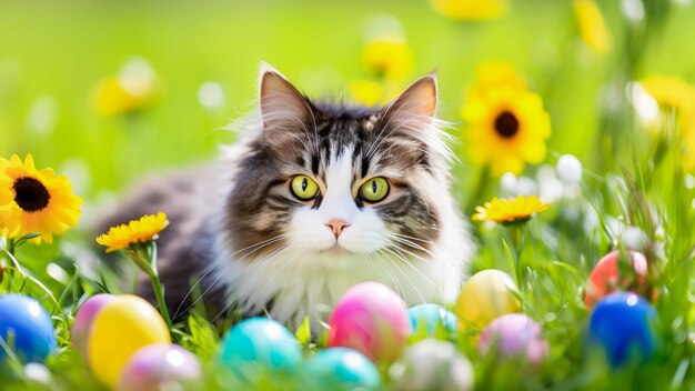 Leuke pluizige kat speelt met kleurrijke paaseieren in groen gras op een zonnige lente dag