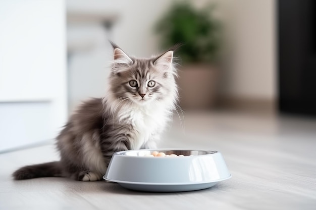 Leuke pluizige katten- en huisdierenvoeding in een kom in de keuken Gezond voedsel voor huisdieren Gezond evenwichtig voedsel