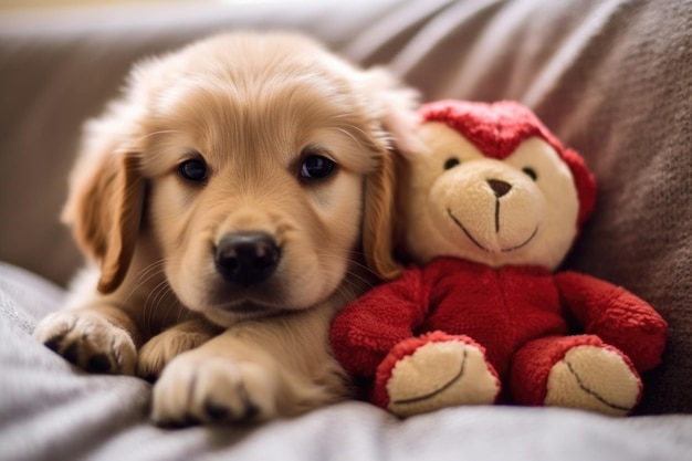 Leuke pluizige puppy omhelst schattige teddy liggend op bed AI gegenereerd