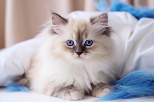 Leuke pluizige ragdoll kitten met prachtige blauwe ogen die op de vloer ligt en met veren speelt om