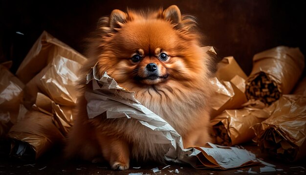 Leuke Pommeren hond omgeven door verfrommeld cadeaupapier