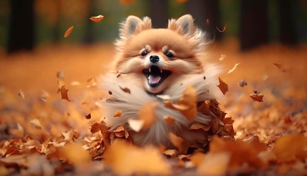 Leuke Pommeren hond spelen in een stapel herfstbladeren